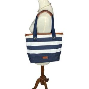 Crown & Ivy Tote‎ Bag Canvas & Faux Leather  Striped Classic Nautical Purse